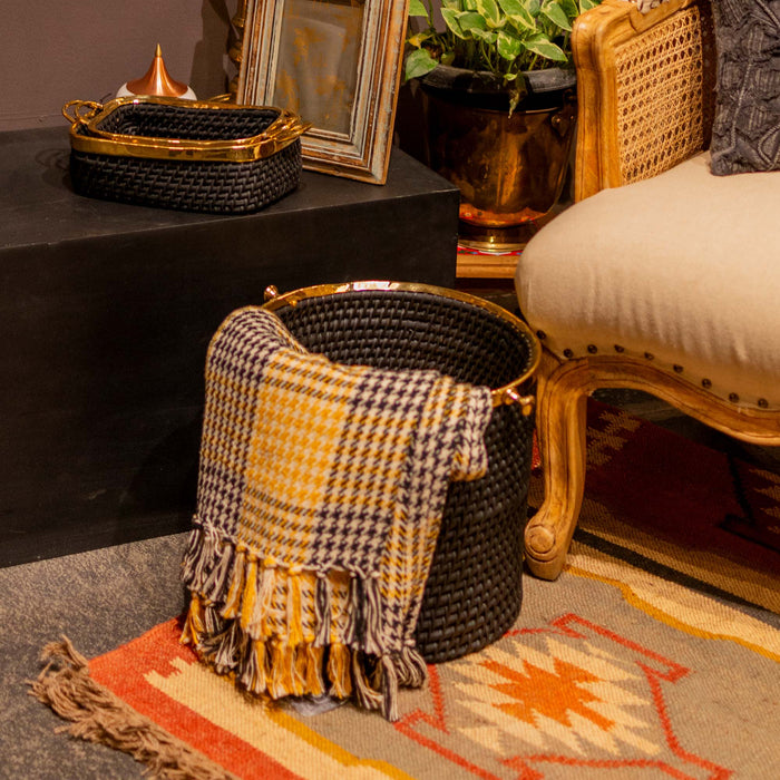 Taysa Rattan and Brass Basket Black Cylindrical