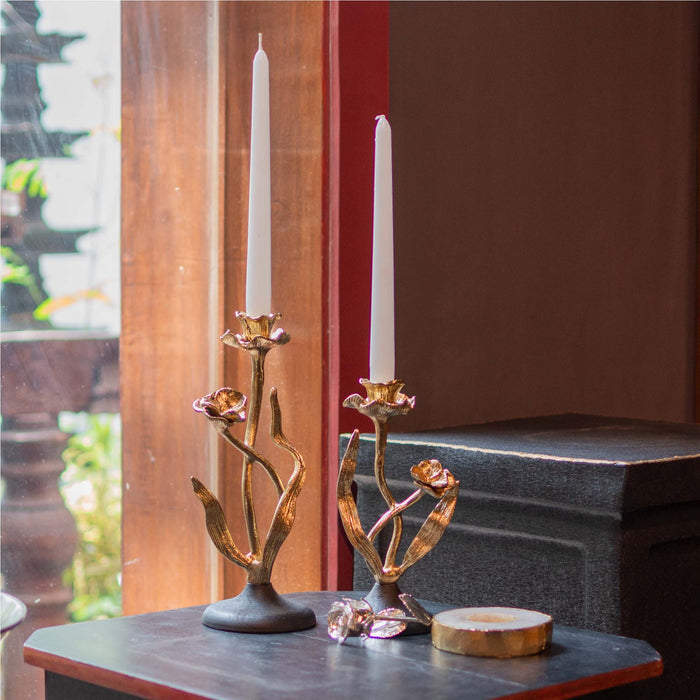 Aynur Cast Patina Candle Stand With Black Wooden Base