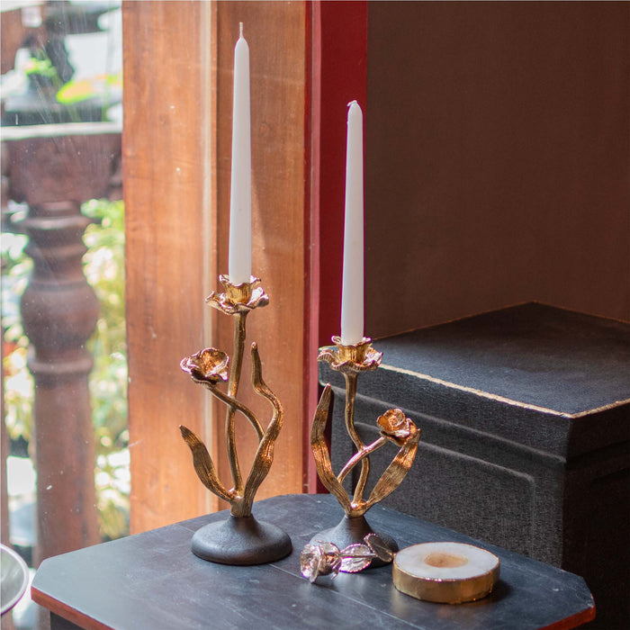 Aynur Cast Patina Candle Stand With Black Wooden Base