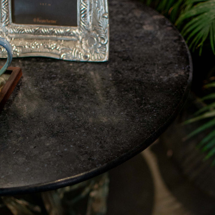Analin End Table Blue And Green Patina With Black Granite Top