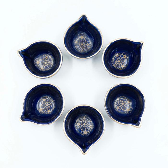 Saaki Navy Blue Ceramic Diya (Set of 6)