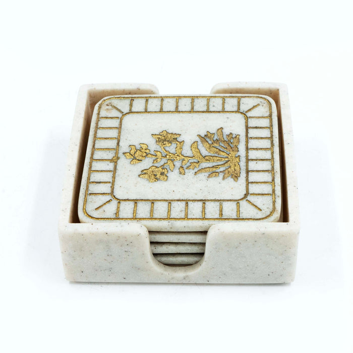 Marble Mix Ivory Gold Nargis Coaster with Holder (Set of 4)
