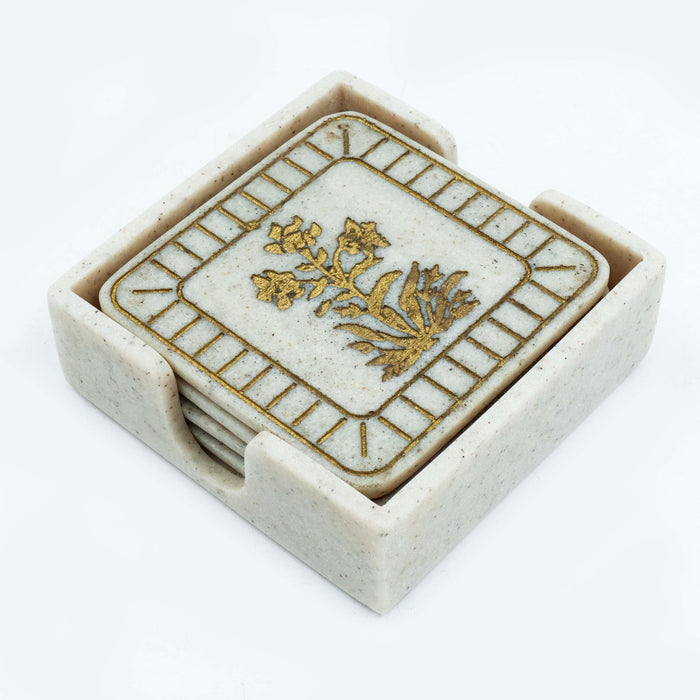Marble Mix Ivory Gold Nargis Coaster with Holder (Set of 4)