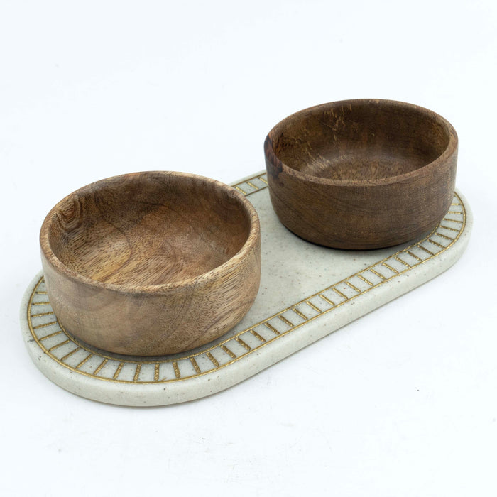 Marble Mix Ivory Gold Nargis Bowls with Tray (Set of 3)