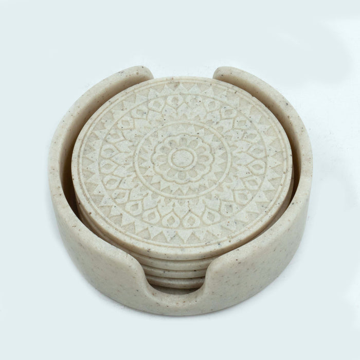 Marble Mix Ivory Mandala Coaster with Holder (Set of 4)