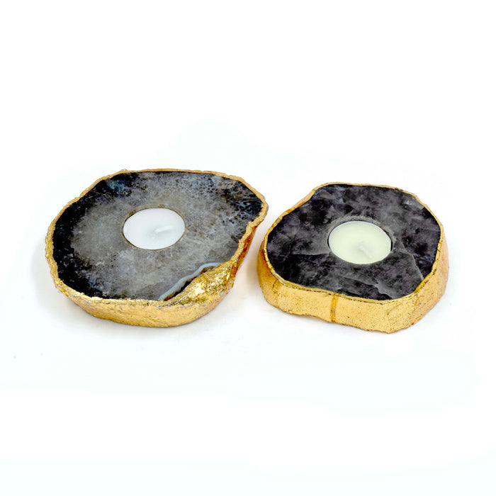 Semi Precious Tea Light Grey Quartz Set with Box (Set of 2)