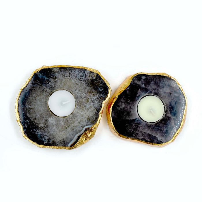 Semi Precious Tea Light Grey Quartz Set with Box (Set of 2)