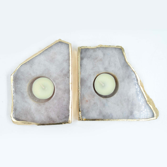 Semi Precious Tea Light Rose Quartz Set with Box (Set of 2)