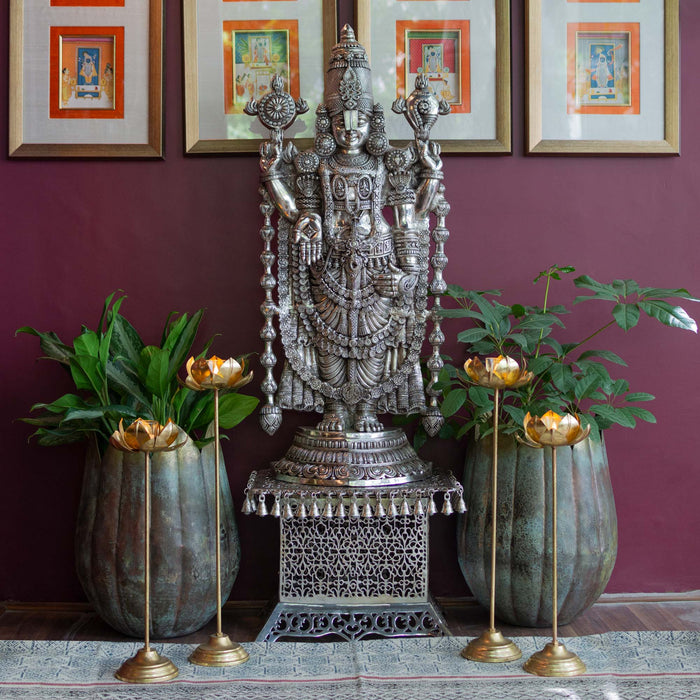 Lord Tirupati Balaji Brass Idol With Stool - Adorned In Silver