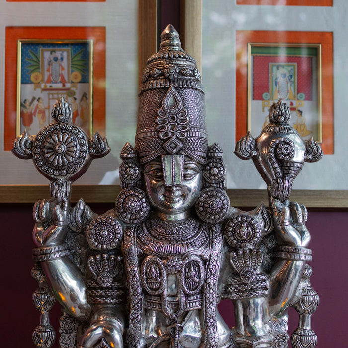 Lord Tirupati Balaji Brass Idol With Stool - Adorned In Silver