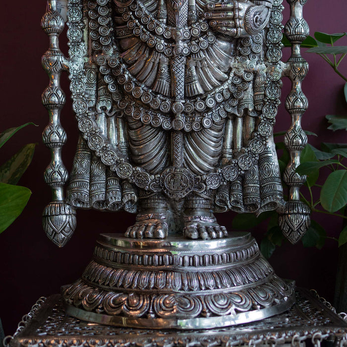 Lord Tirupati Balaji Brass Idol With Stool - Adorned In Silver