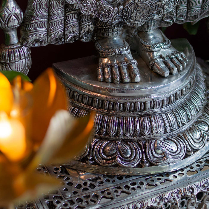 Lord Tirupati Balaji Brass Idol With Stool - Adorned In Silver