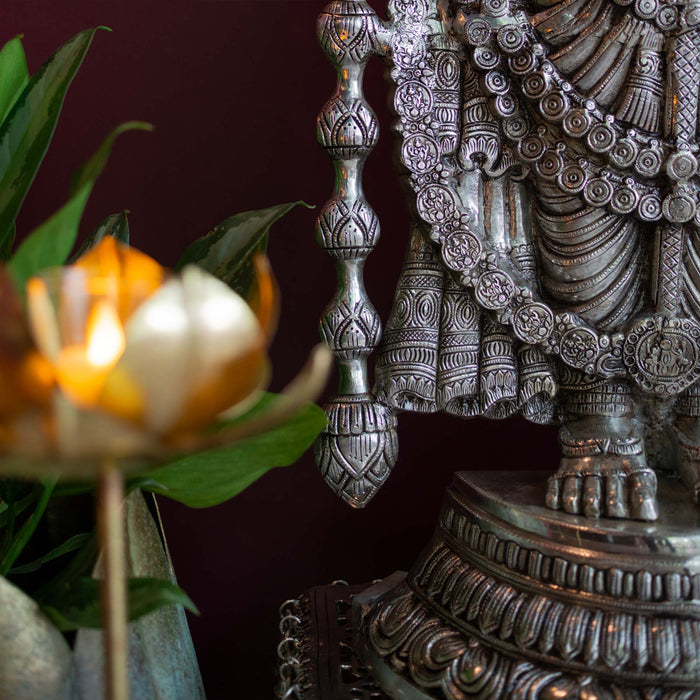 Lord Tirupati Balaji Brass Idol With Stool - Adorned In Silver