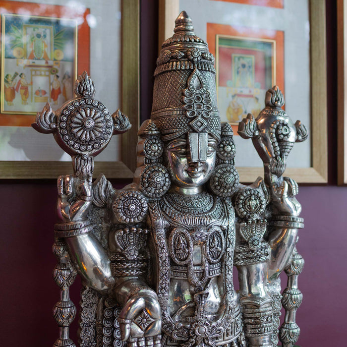 Lord Tirupati Balaji Brass Idol With Stool - Adorned In Silver