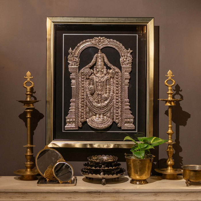 Lord Venkateshwara Brass Idol With Frame - Adorned In Silver