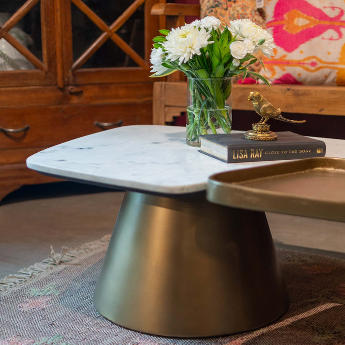 Verity White Marble With Brass Antique Coffee Table