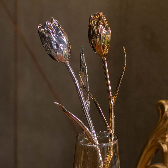 Fresh Tulip Flower With Stem Dipped In 999 Silver
