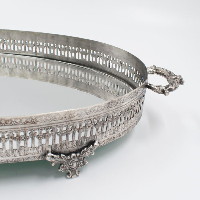 Noor Oval Tray White Mirror Silver Antique