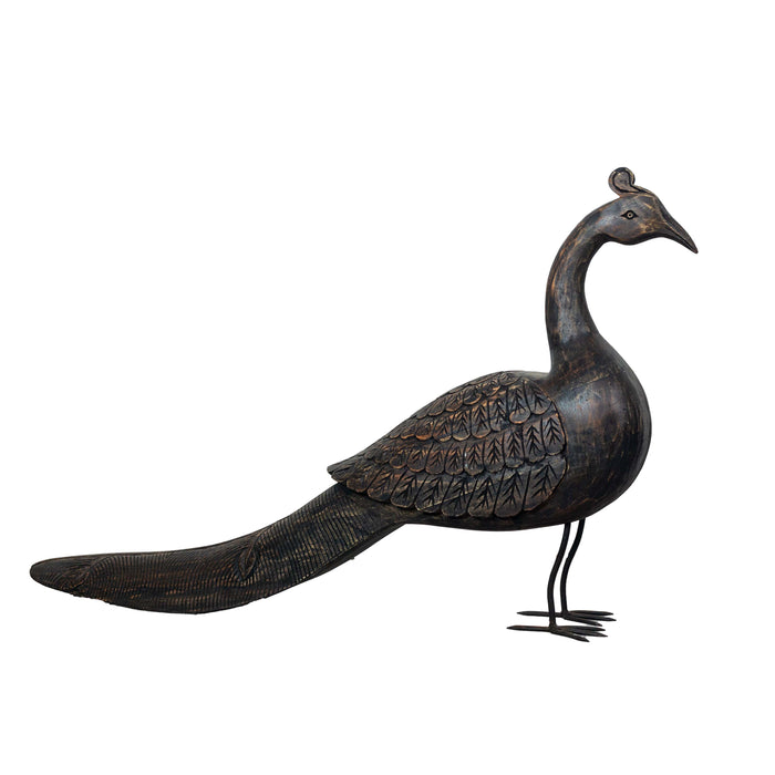 Peacock Mango Wood Statue Black Distress