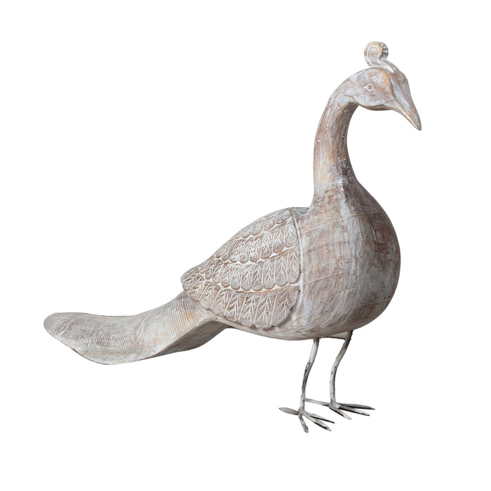 Peacock Mango Wood Statue White Distress