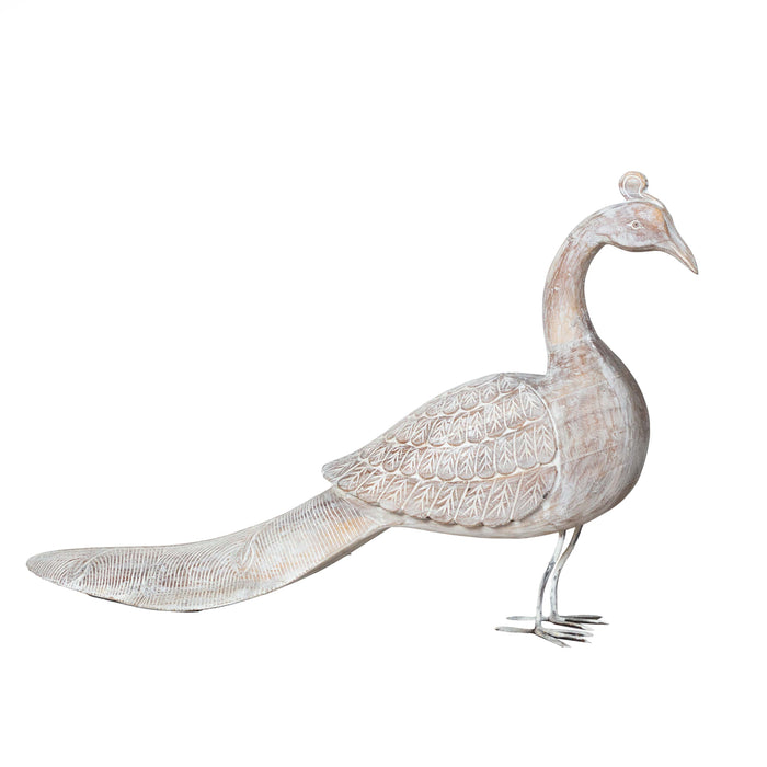 Peacock Mango Wood Statue White Distress