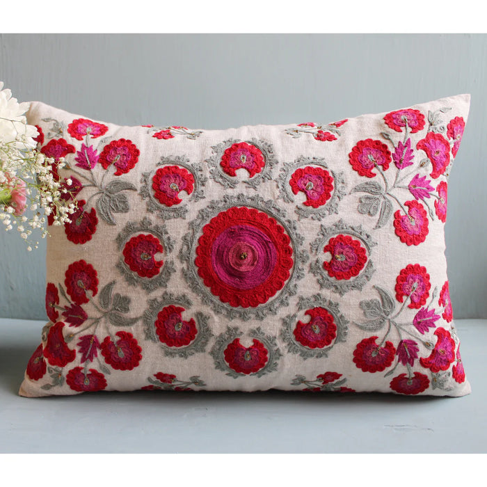 Red Round Buta Suzani Cushion Cover