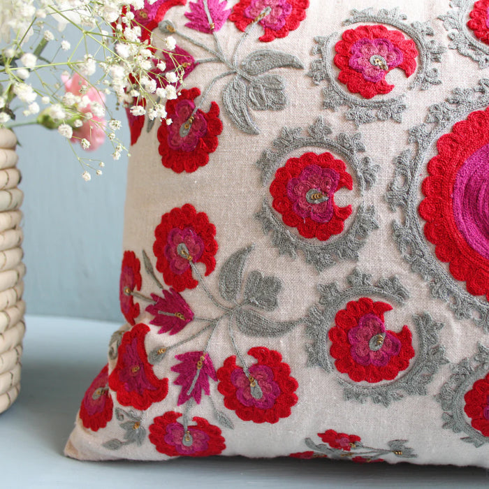 Red Round Buta Suzani Cushion Cover