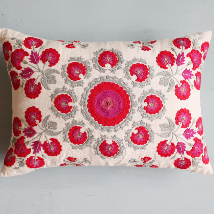 Red Round Buta Suzani Cushion Cover