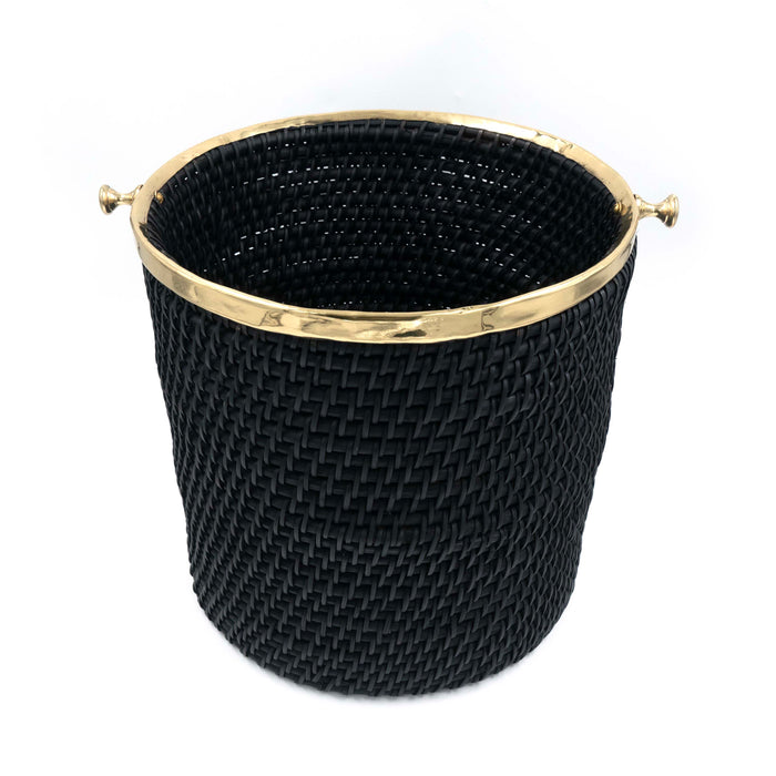 Taysa Rattan and Brass Basket Black Cylindrical