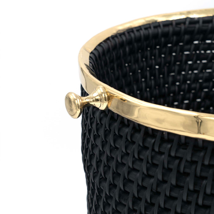 Taysa Rattan and Brass Basket Black Cylindrical