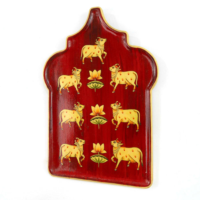 Arabesque hand-painted Lotus and Cow Pichwai Décor Plate - Red