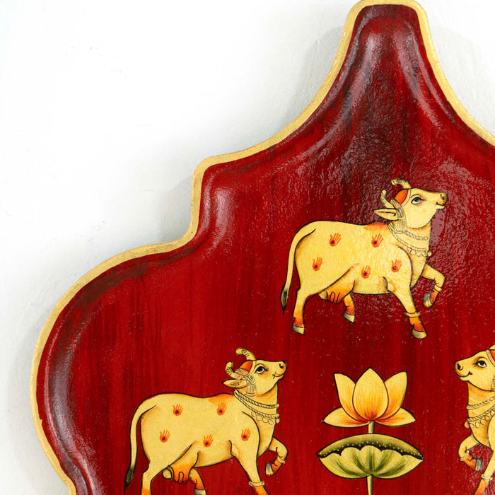 Arabesque hand-painted Lotus and Cow Pichwai Décor Plate - Red