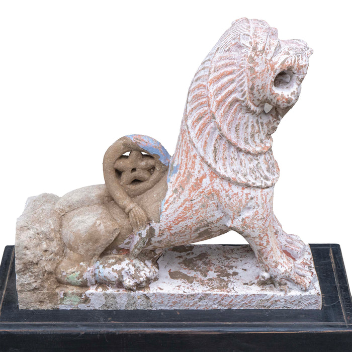 Rasi Simha Stone Lion On Wooden Base