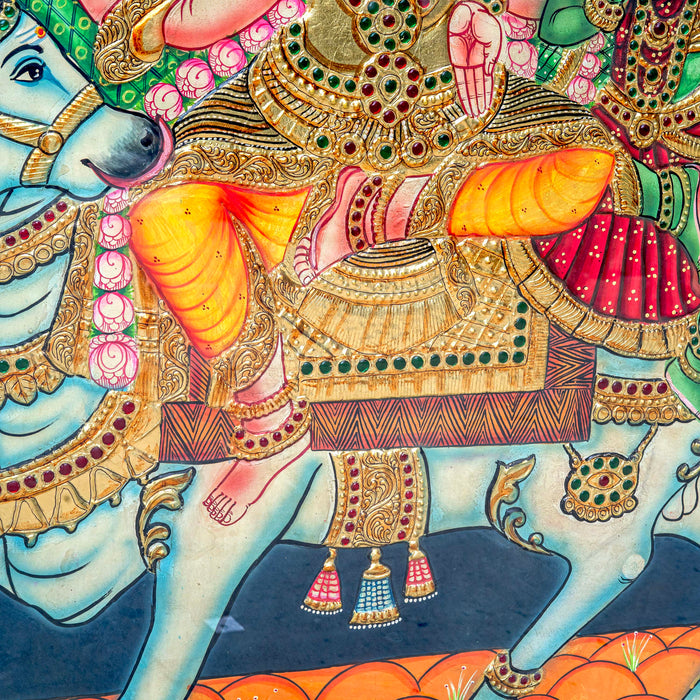 SHIV PARVATHI ON NANDI TANJORE PAINTING