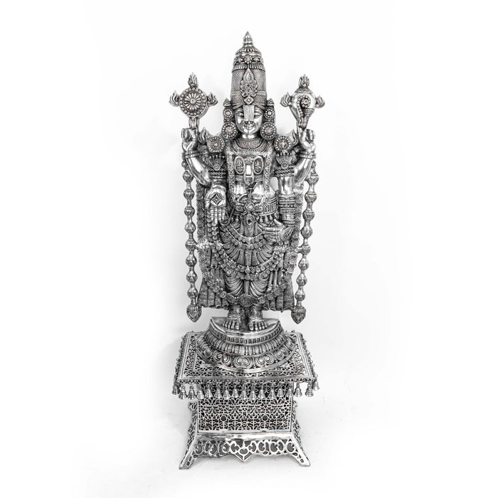 Lord Tirupati Balaji Brass Idol With Stool - Adorned In Silver