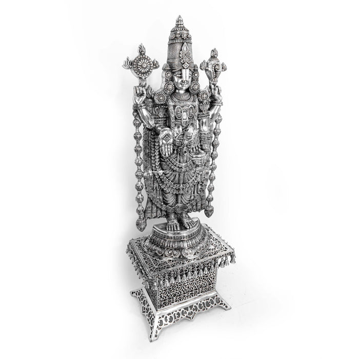 Lord Tirupati Balaji Brass Idol With Stool - Adorned In Silver