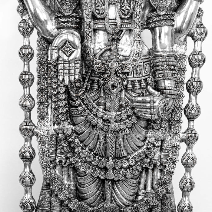 Lord Tirupati Balaji Brass Idol With Stool - Adorned In Silver