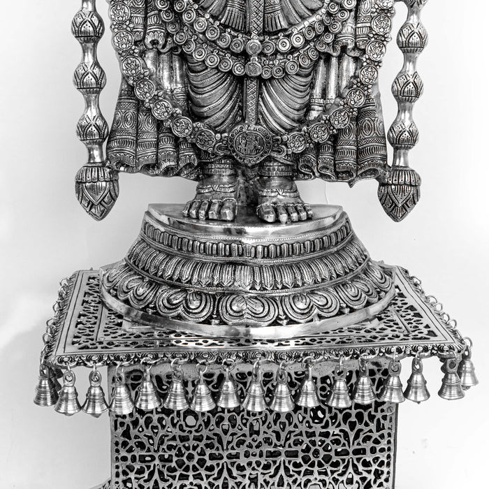 Lord Tirupati Balaji Brass Idol With Stool - Adorned In Silver