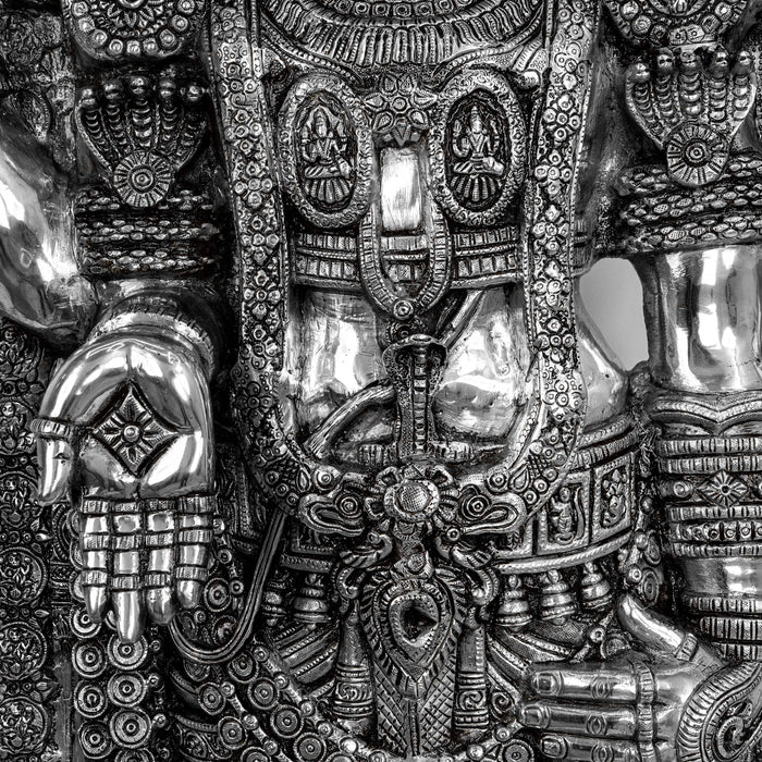 Lord Tirupati Balaji Brass Idol With Stool - Adorned In Silver