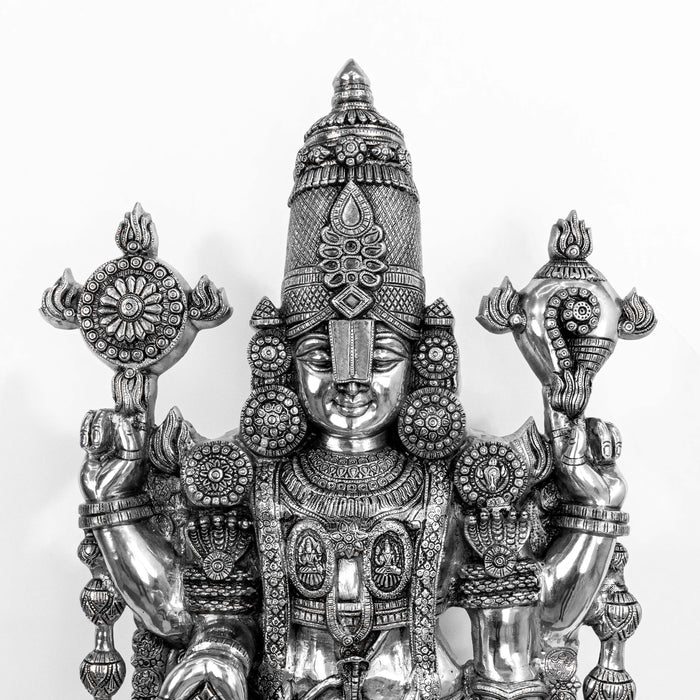 Lord Tirupati Balaji Brass Idol With Stool - Adorned In Silver