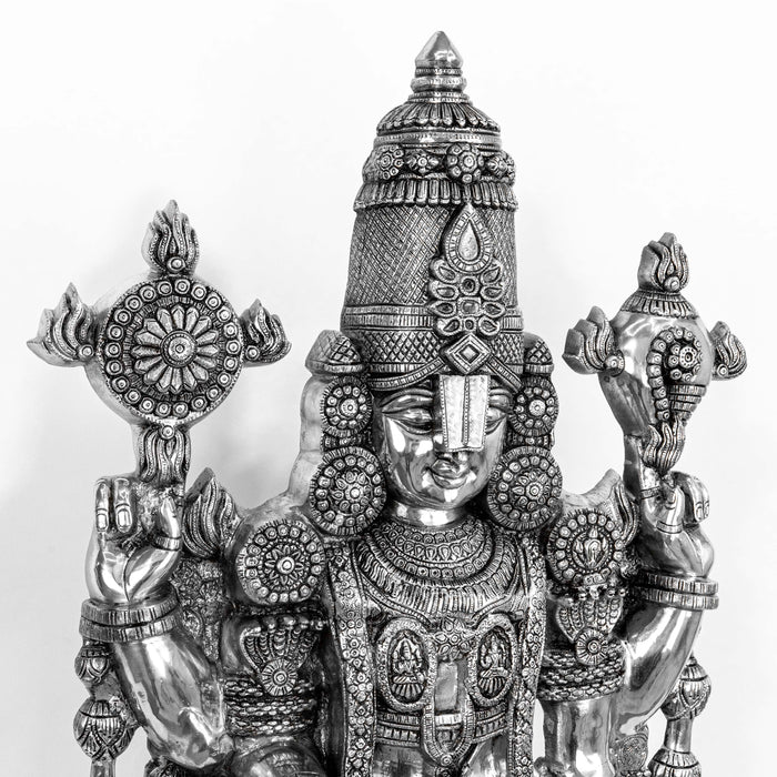 Lord Tirupati Balaji Brass Idol With Stool - Adorned In Silver