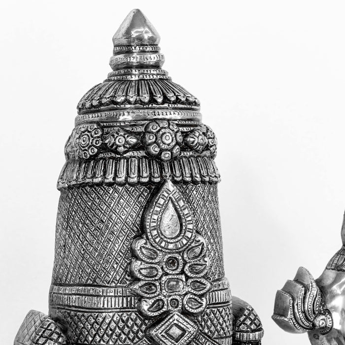 Lord Tirupati Balaji Brass Idol With Stool - Adorned In Silver