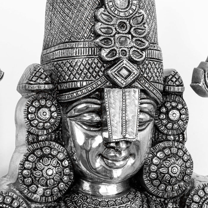 Lord Tirupati Balaji Brass Idol With Stool - Adorned In Silver