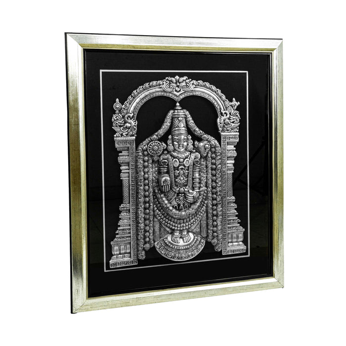 Lord Venkateshwara Brass Idol With Frame - Adorned In Silver