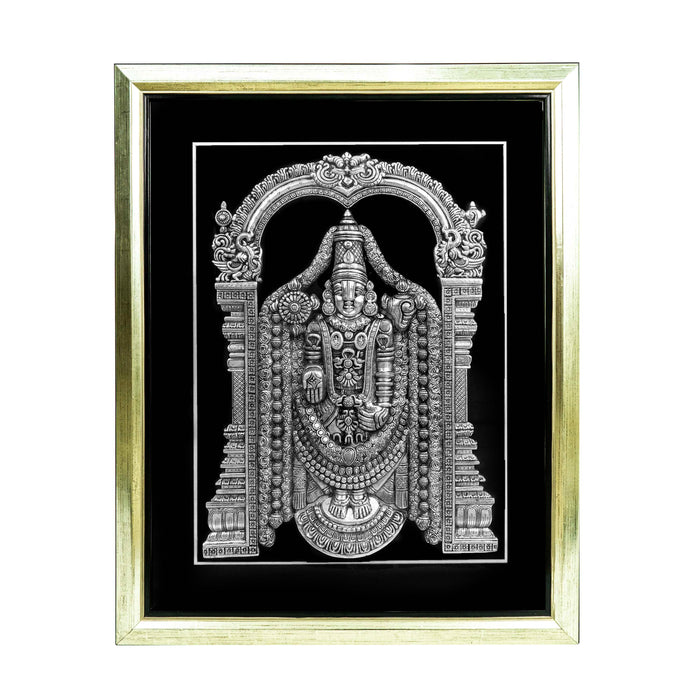 Lord Venkateshwara Brass Idol With Frame - Adorned In Silver