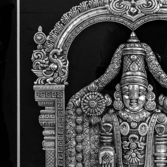 Lord Venkateshwara Brass Idol With Frame - Adorned In Silver