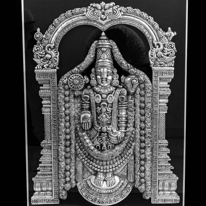 Lord Venkateshwara Brass Idol With Frame - Adorned In Silver