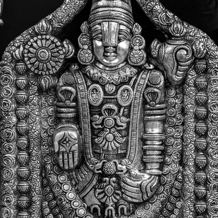 Lord Venkateshwara Brass Idol With Frame - Adorned In Silver