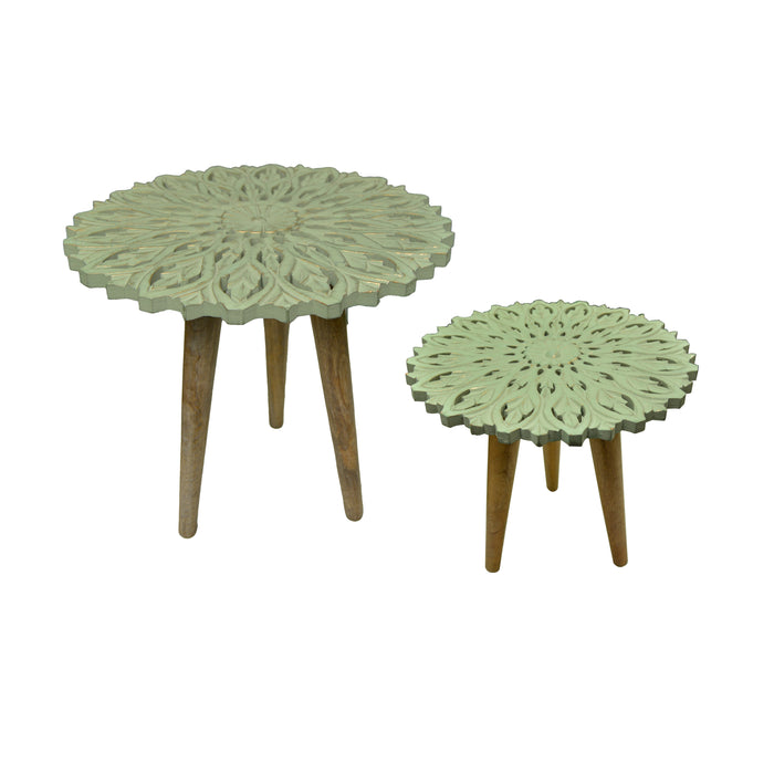 Nesting Table - Green Top Carved-Set of 2 KVHC