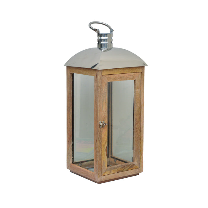 Mango wood and steel top lantern with glass